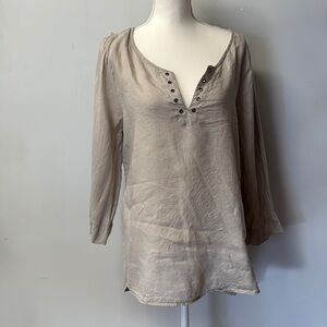 St. Tropez Tan Tunic Linen V Neckline 3/4 Sleeves Split Sides XL Bohemian